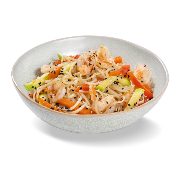лапша Яичная с креветками и овощами